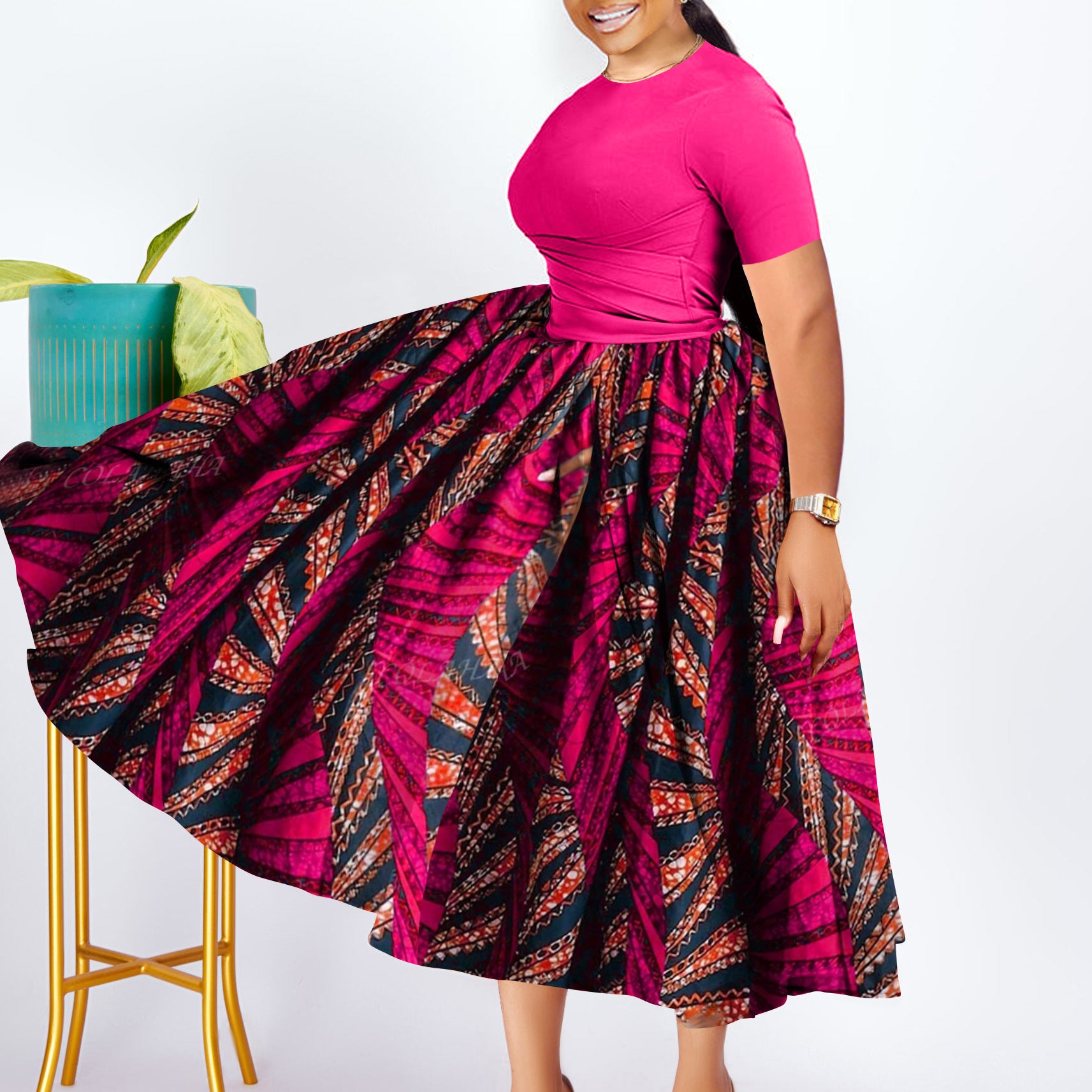 Plus Size African Women Pleated Dress