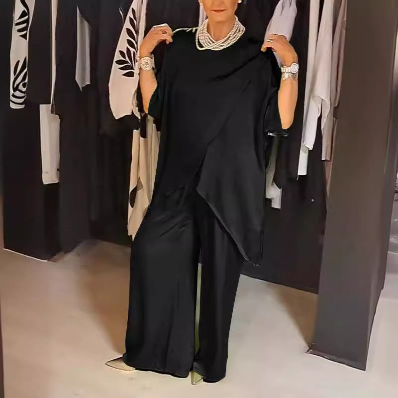 Women's Summer Solid Color Round Neck Casual Fashion Loose Irregular Two Piece Pants Set 10