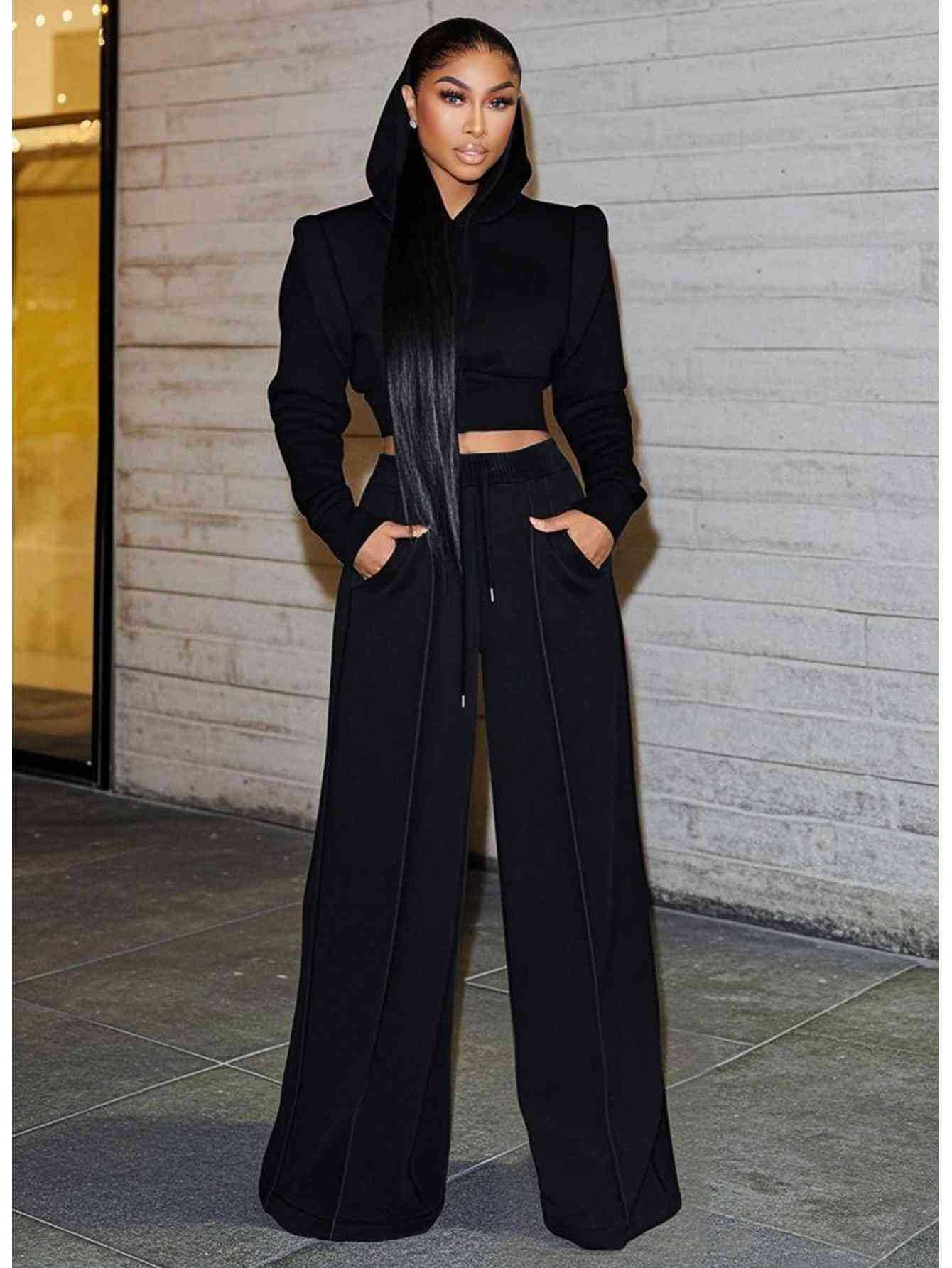 Women Elegant Long-Sleeved Hooded Crop Top and Pants Two-Piece Set 6