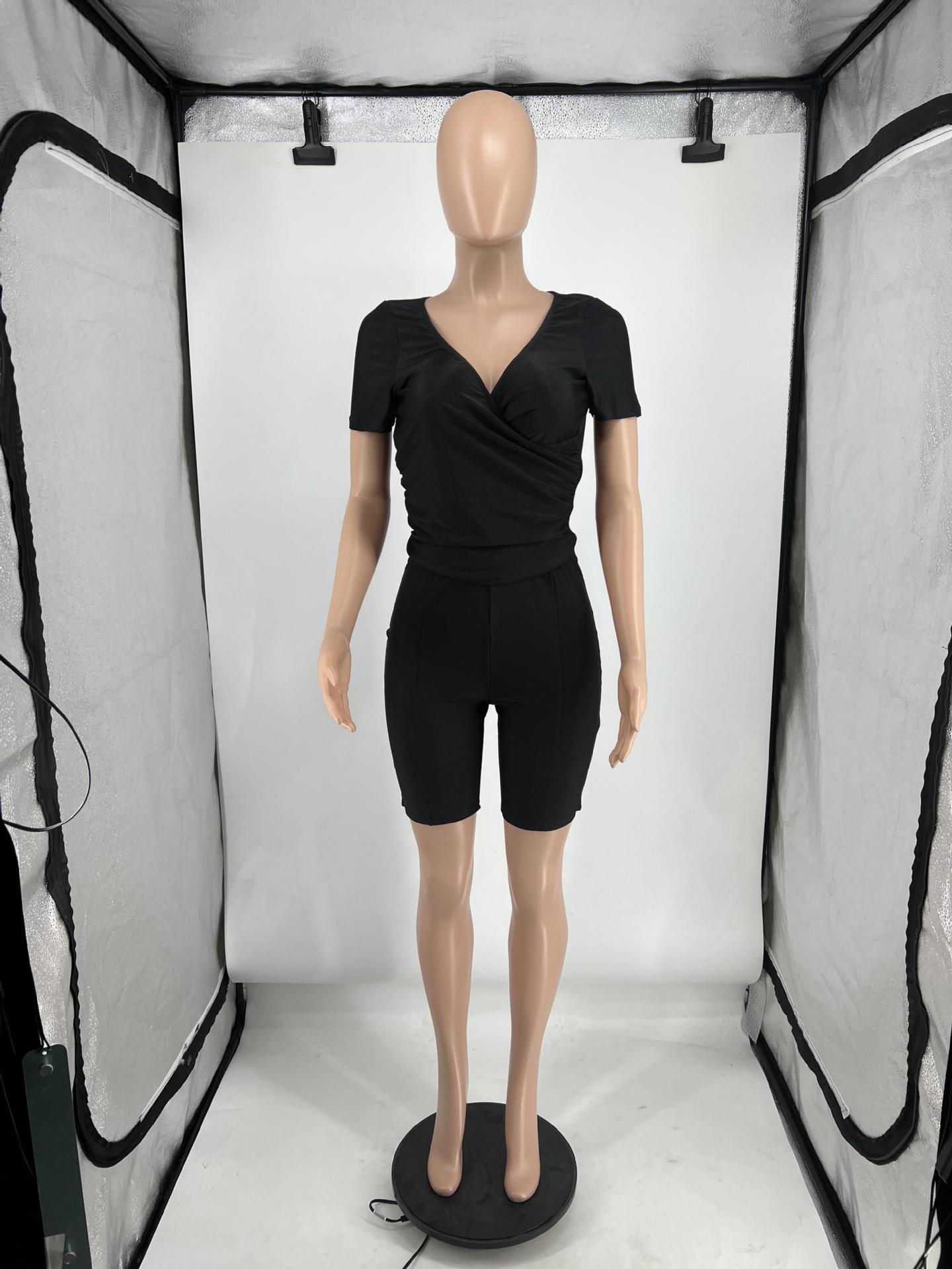 Women's Summer Cross V Neck Short Sleeve Top Elastic Shorts Casual Two Piece Set 24