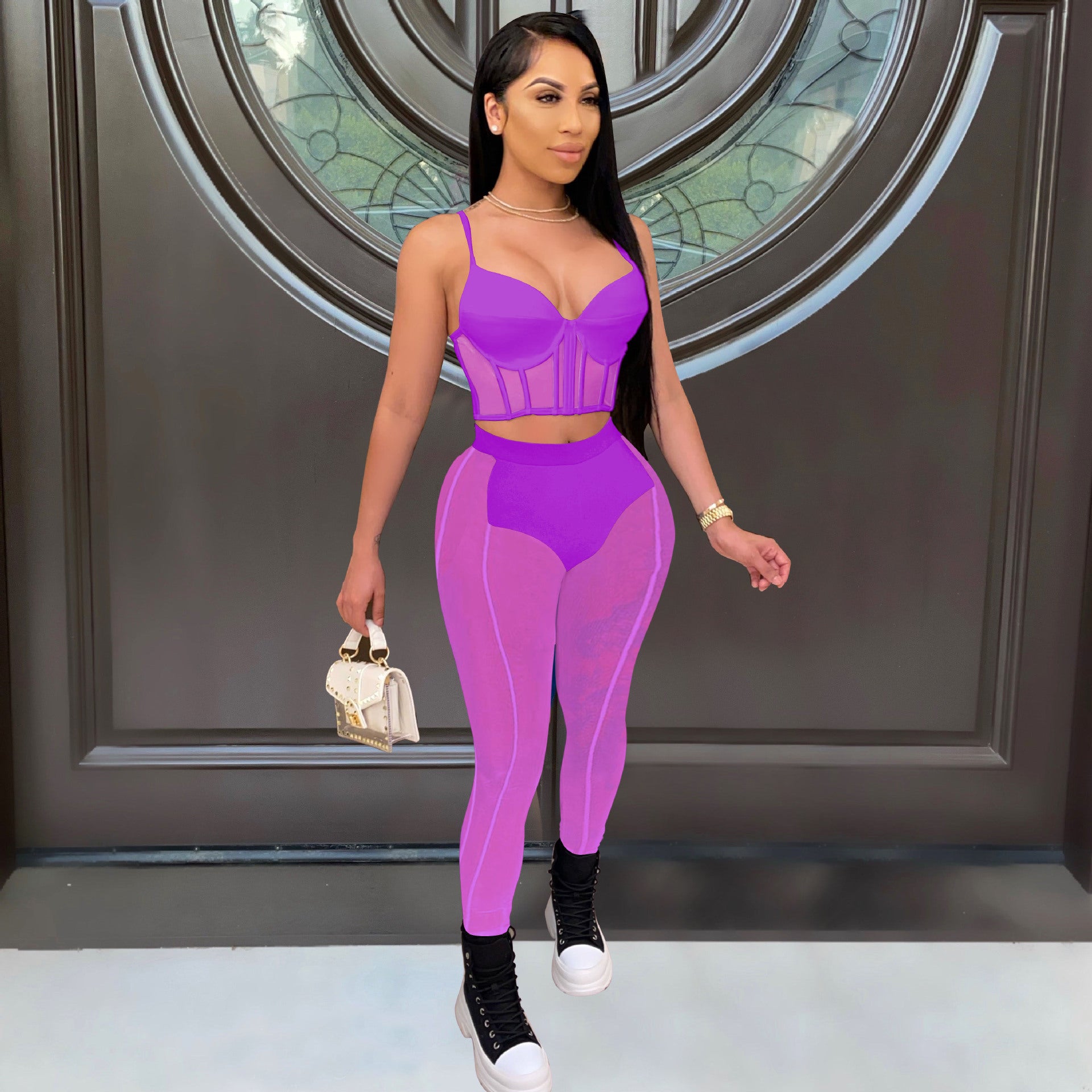 Women Sexy Mesh Patchwork Bra Top and Pants Two-piece Set 6