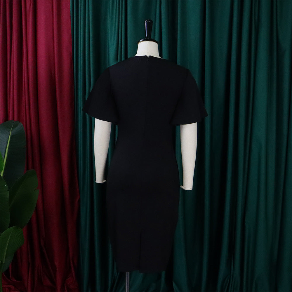 Women's Summer Solid Color High Waist Chic Career Ruffle Sleeve Office Dress 26