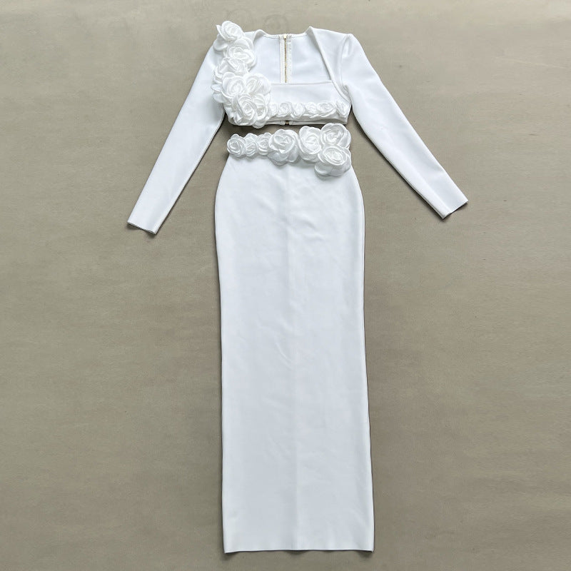 Solid Color Long Sleeve Flower Bandage Top Long Skirt Two-Piece Set 19