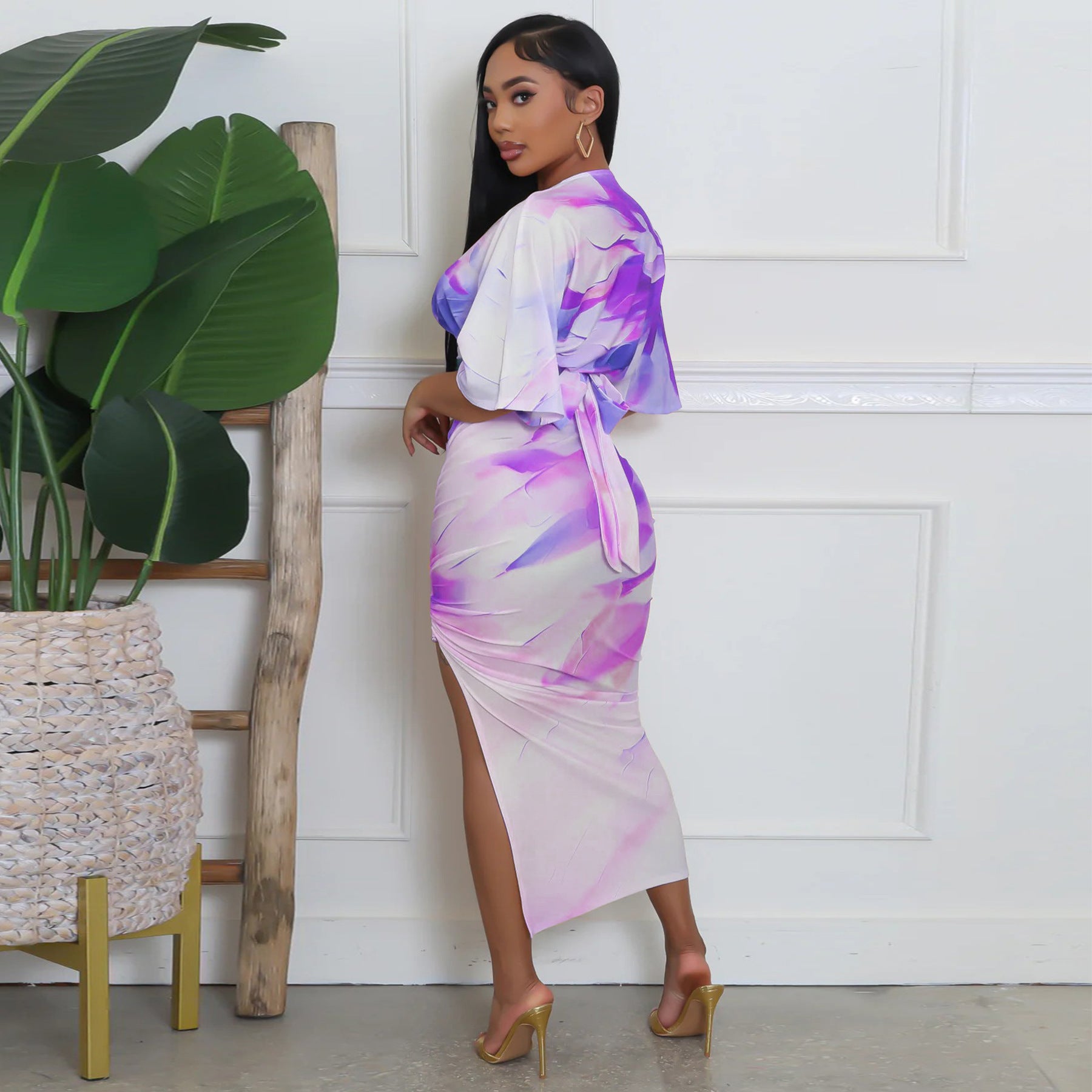 Summer Sexy Printed V Neck Top Side Slit Long Skirt Two Piece Set 72