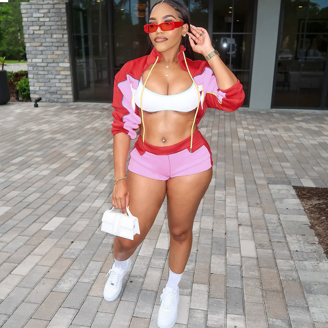 Women Summer Turtleneck Long-Sleeve Top and Shorts Casual Two-Piece Set 3