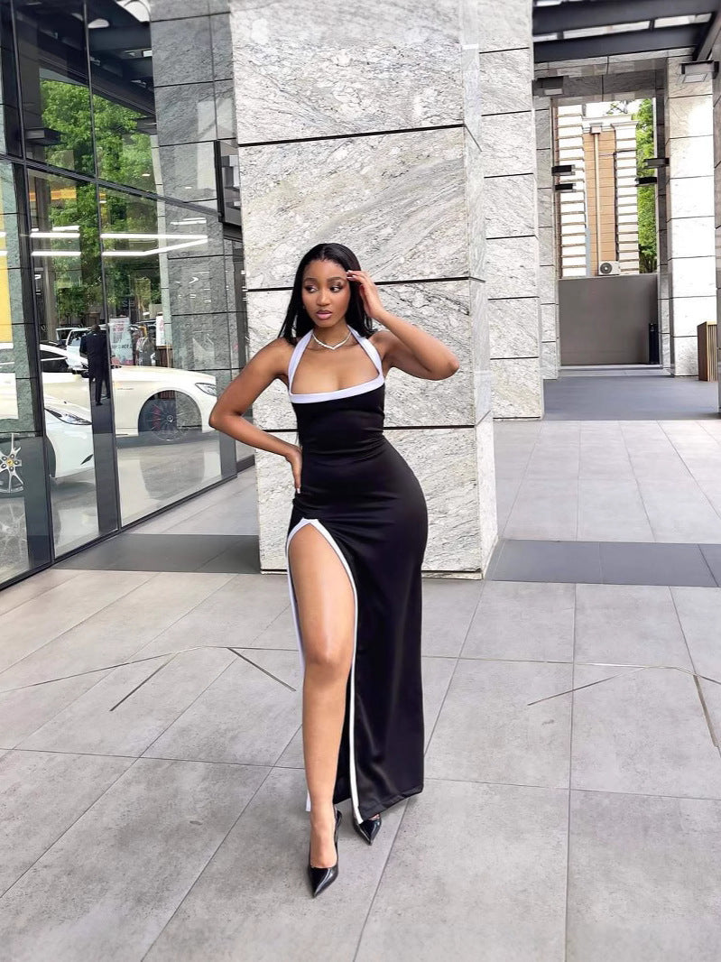 Summer Fashion White Contrast Color High-Slit Halter Neck Dress