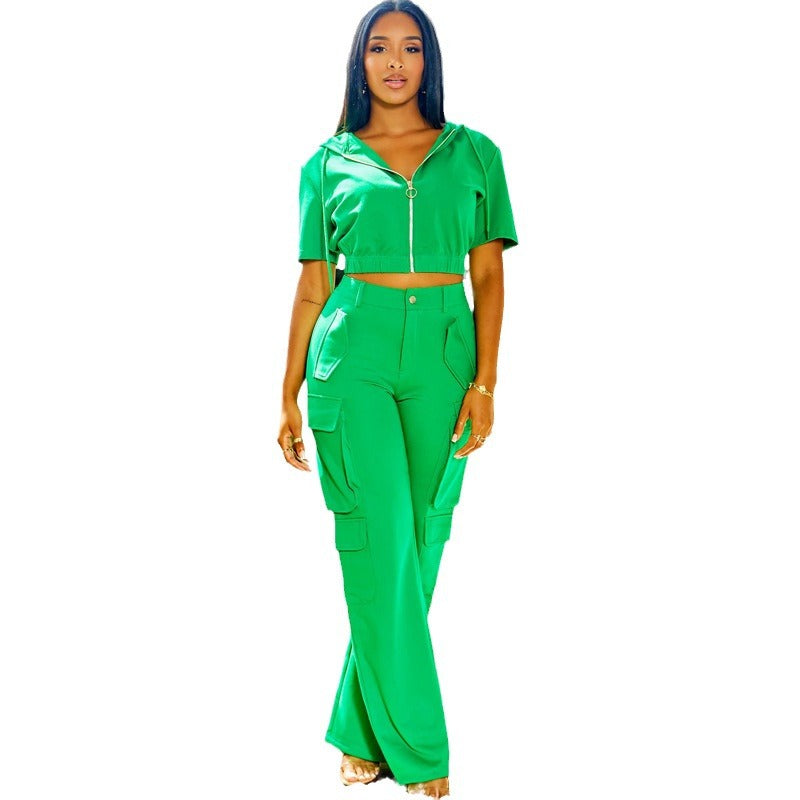 Fashion Casual Women's Short Sleeve Hooded Top Pocket Cargo Pants Women's Two Piece Set 6