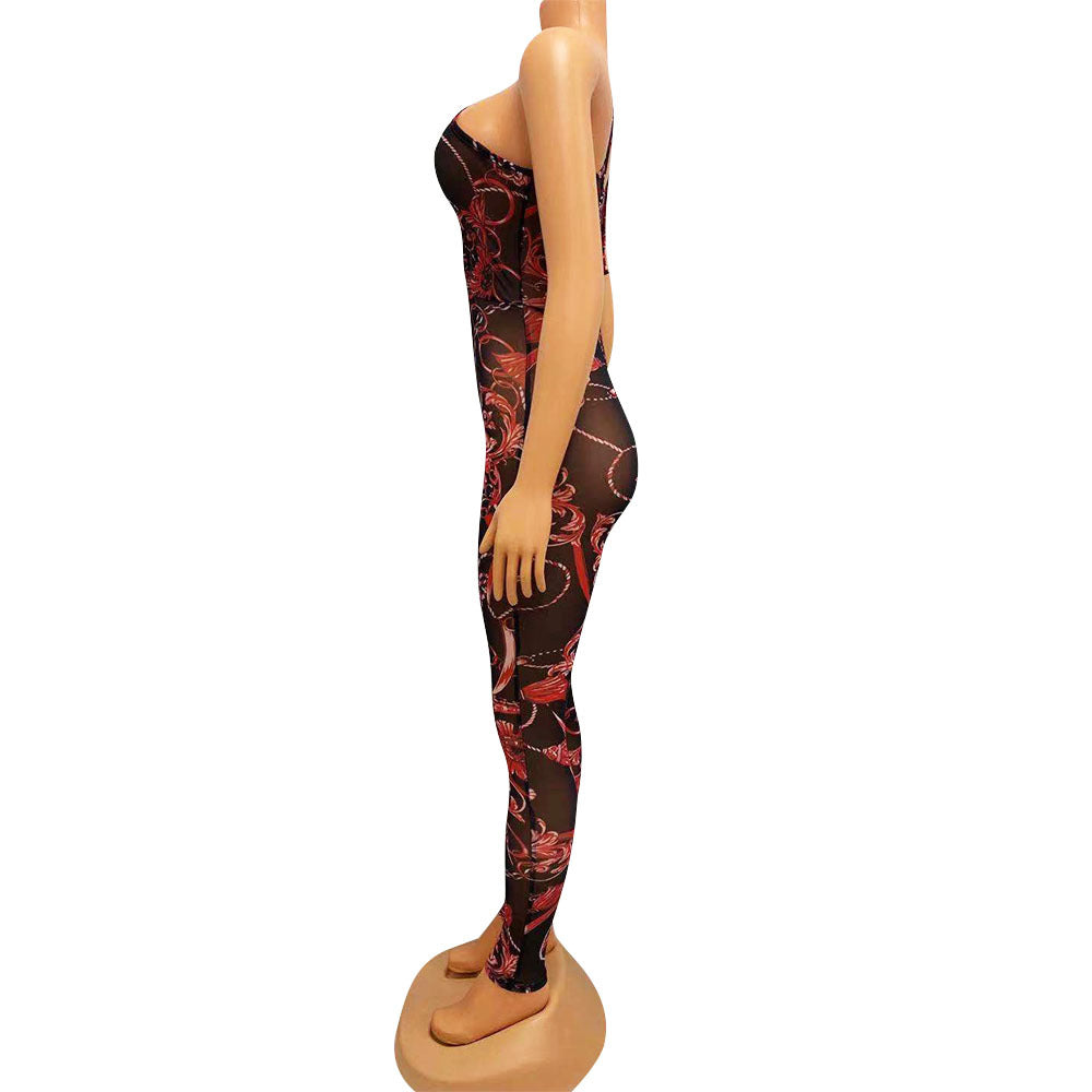 Summer Women's Sexy Mesh See-Through Nightclub Digital Print Jumpsuit 11
