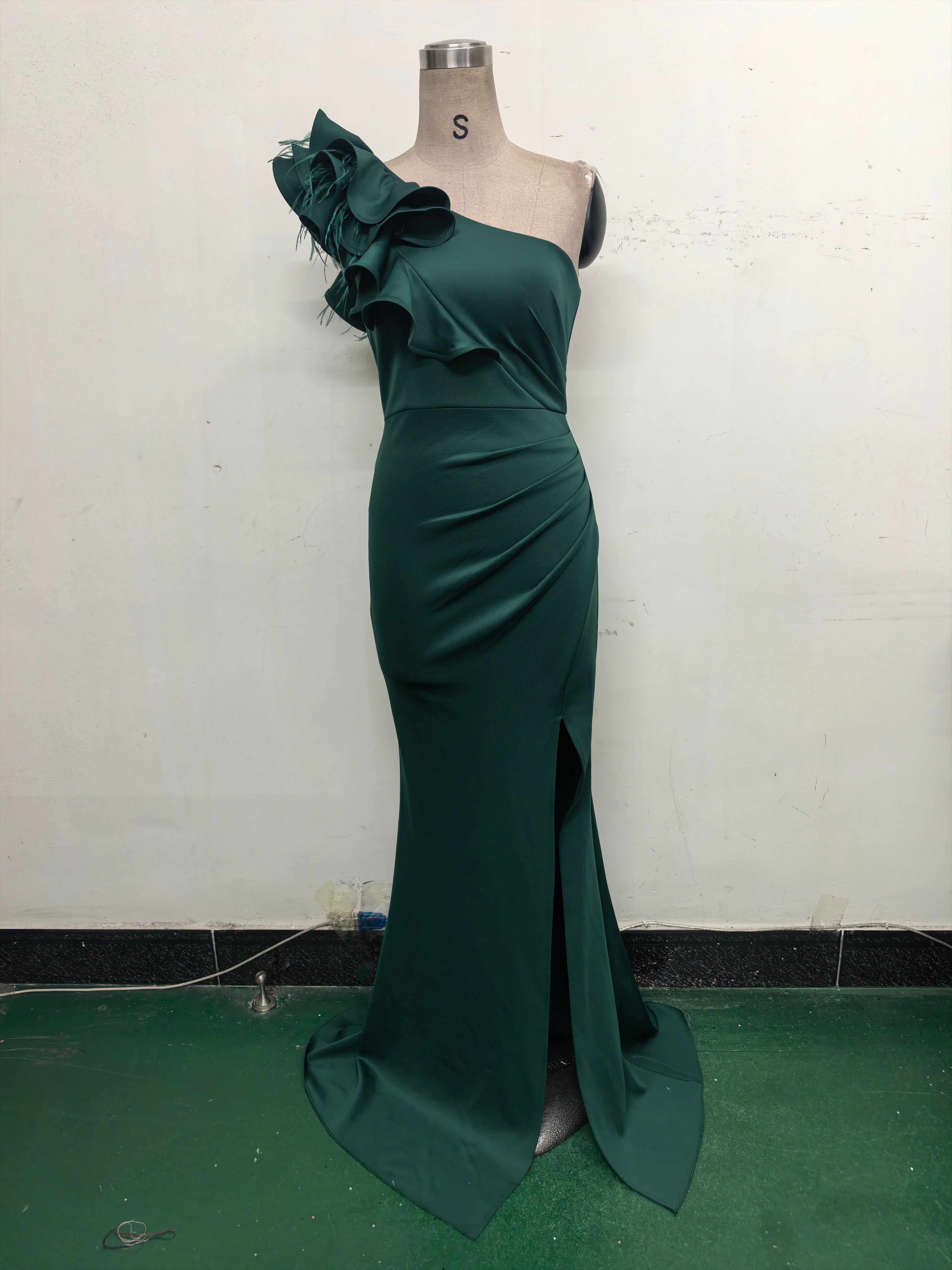 Women One-Shoulder Beaded Wool and Floral Satin Slit Sexy Evening Dress 14