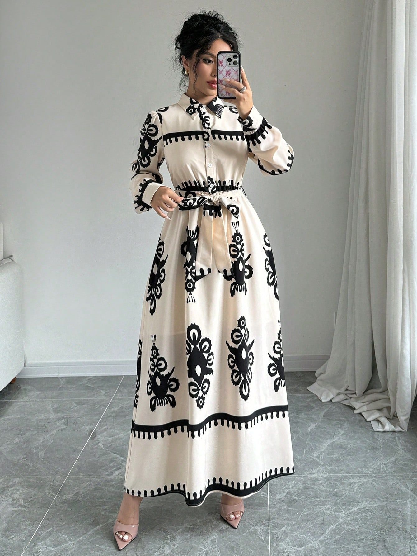 Women Autumn Winter Women Chic Contrast Holidays Print Button Dress 7
