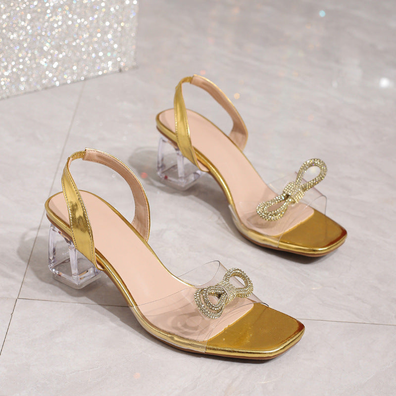 Women Sexy Bowknot Transparent Crystal Gold Open-toed High-Heeled Sandals 5