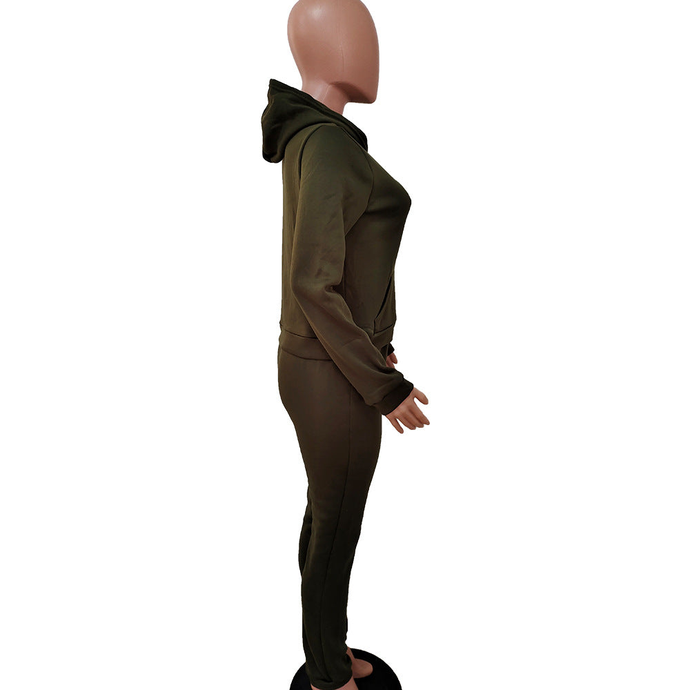 Women Fall/Winter Solid Hoodies and Pant Sport Two-Piece Set 35