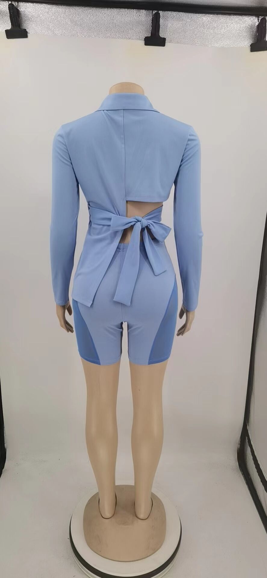 Sexy Women's Suit Solid V-Neck Top Back Lace-Up Pants Mesh Patchwork Set 14