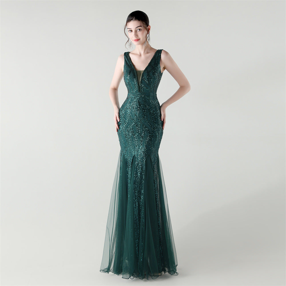 Deep V Fishtail Sequin Mesh Formal Party Evening Dress 7