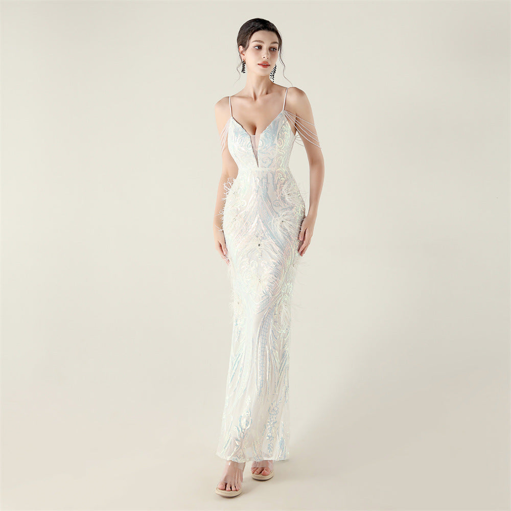 Women Beaded Feather Decoration Beaded Fishtail Evening Dress 3