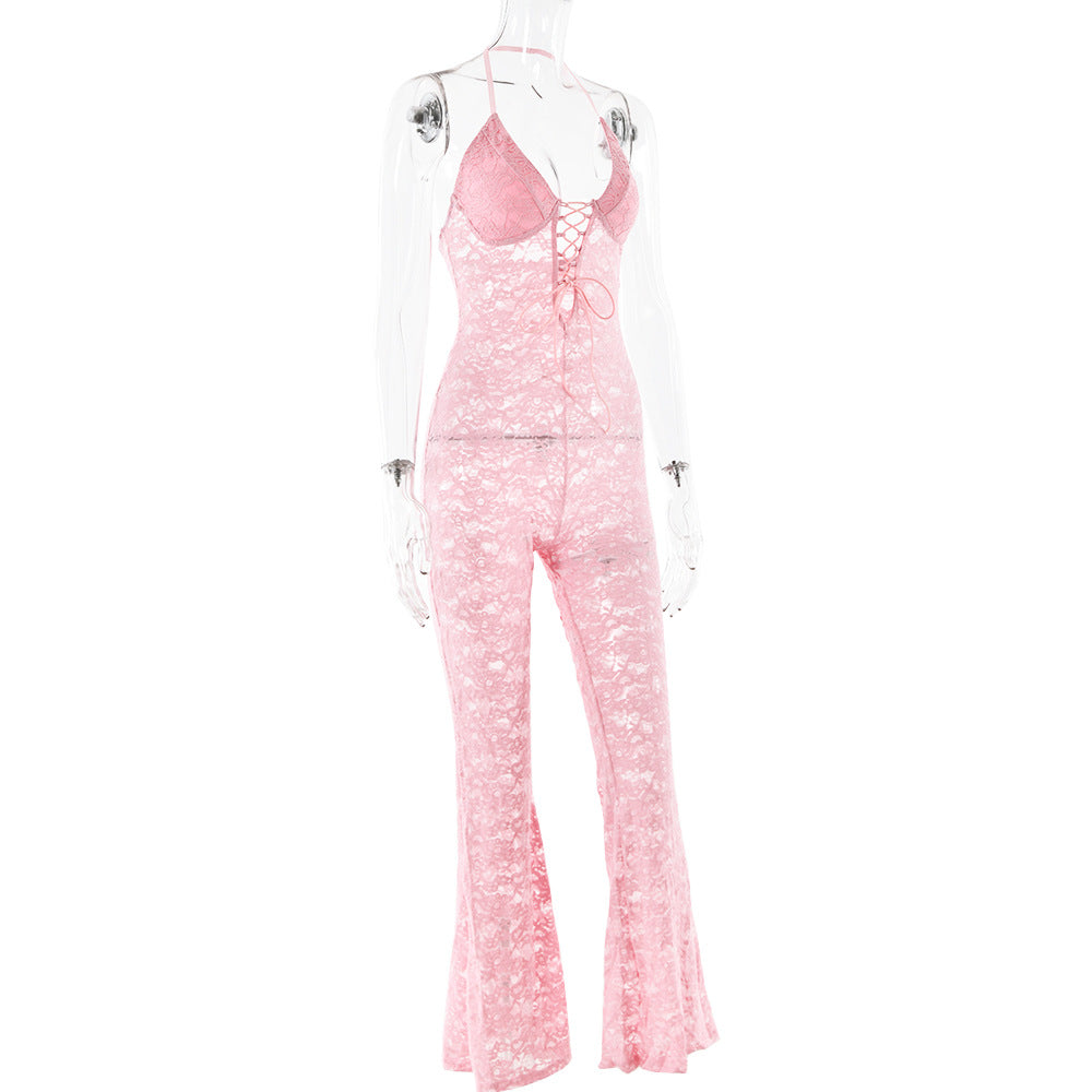 Spring Sexy Fashion See-Through Hollow Lace Low Back Halter Neck Slim Women's Summer Jumpsuit 8