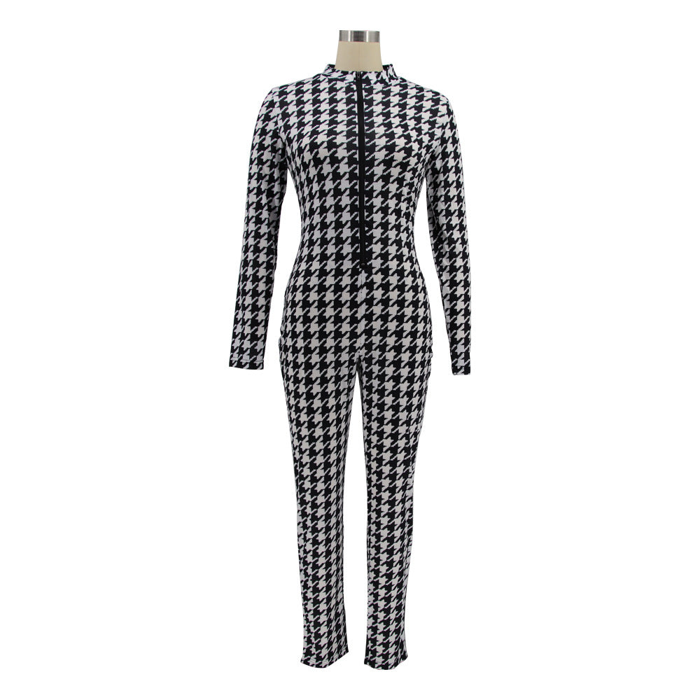 Spring Women's Plaid Print Round Neck Zipper Casual Jumpsuit 15