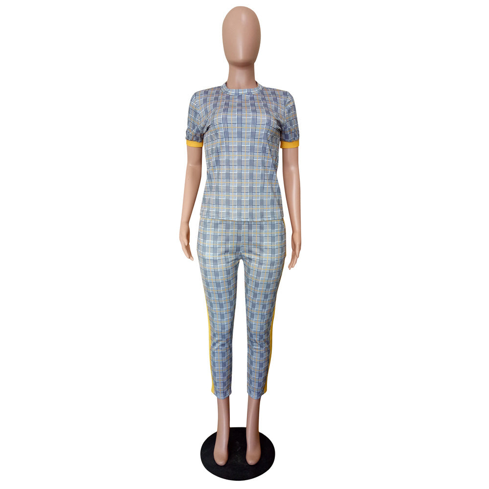 Women Spring Printed Short Sleeve Top and Pants Two Piece Set 5