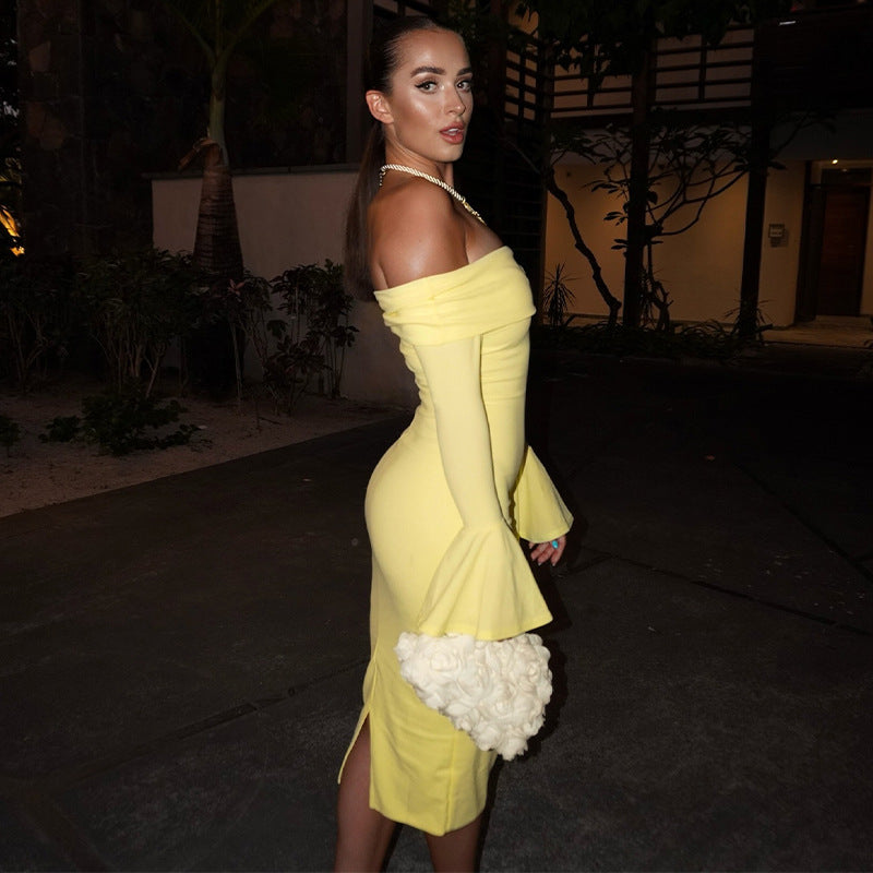 Spring Solid Color Off Shoulder Long Sleeve Sexy Slim Long Dress 5