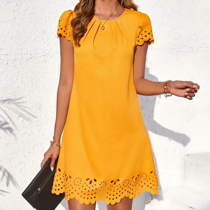 Solid Color Spring Summer Short Sleeve A-Line Mini Dress 8