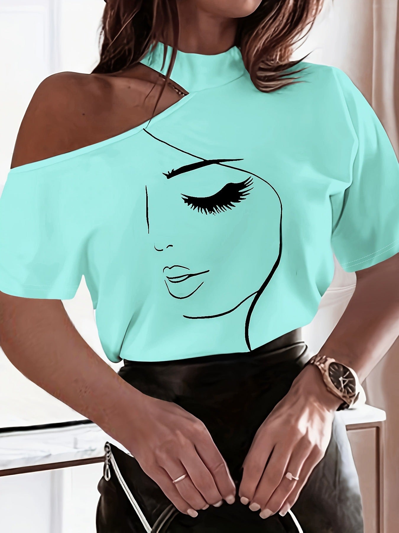 Women Printed Short Sleeve High Neck T-Shirt Off Shoulder Sexy Top 10