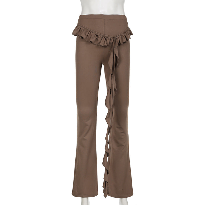 Autumn Fashion Casual Women's Solid Color Ruffled Ribbon Knitting Slim Flared Trousers 5