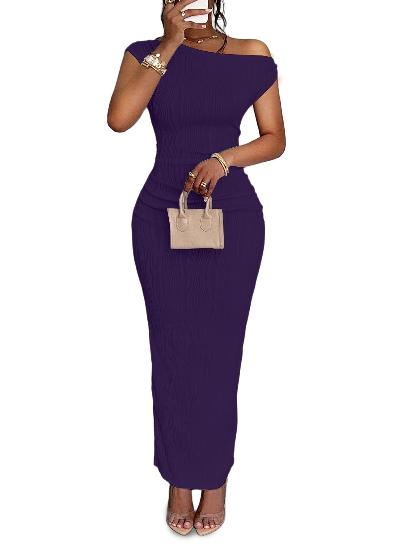 Fashion Ripple Slash Shoulder Slim Long Dress 29