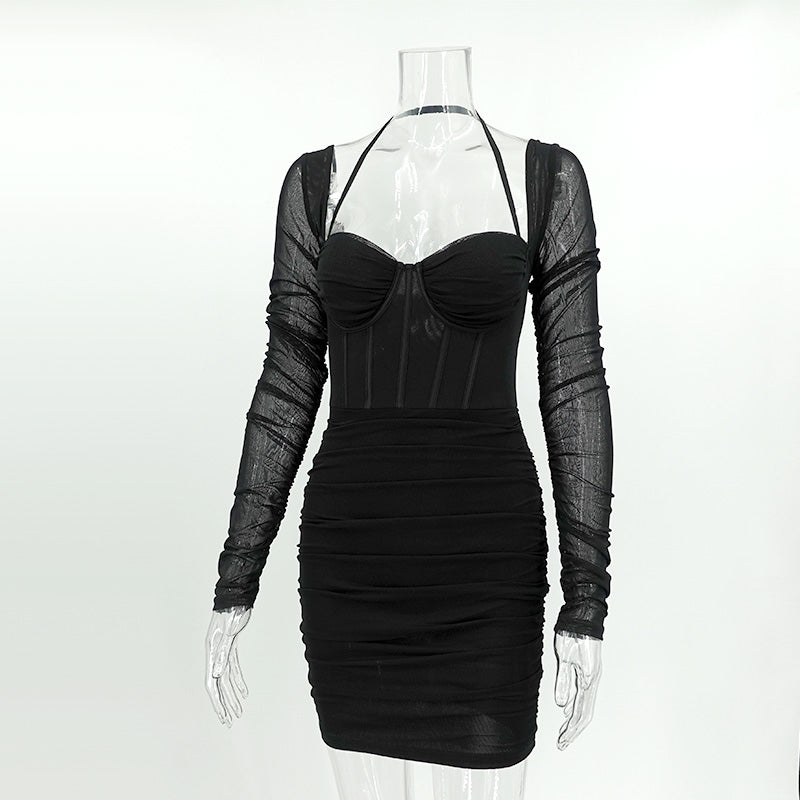 Women's mesh herringbone long sleeve Halter Neck fashion nightclub Bodycon Short dress 7