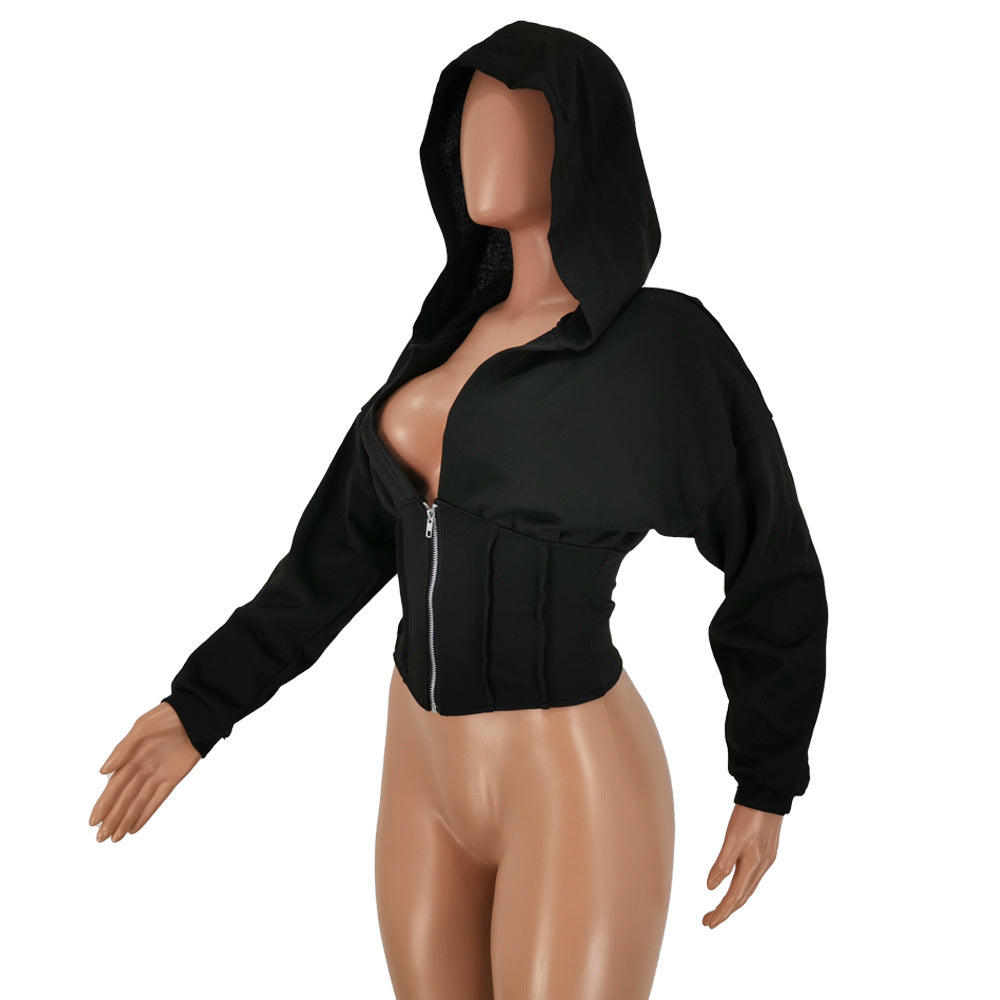 Women Sexy Elastic Waist Loose Hooded Zipper Top 30
