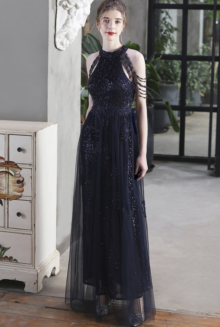 Summer Occassional Blue Sequin Mesh Patch Halter Evening Dress
