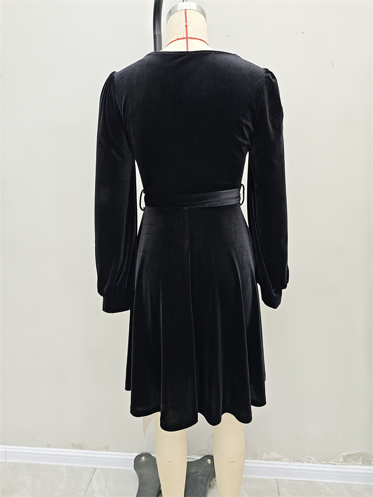 Women's Elegant Velvet Square Neck Slim Waist Long-Sleeved Dress 6