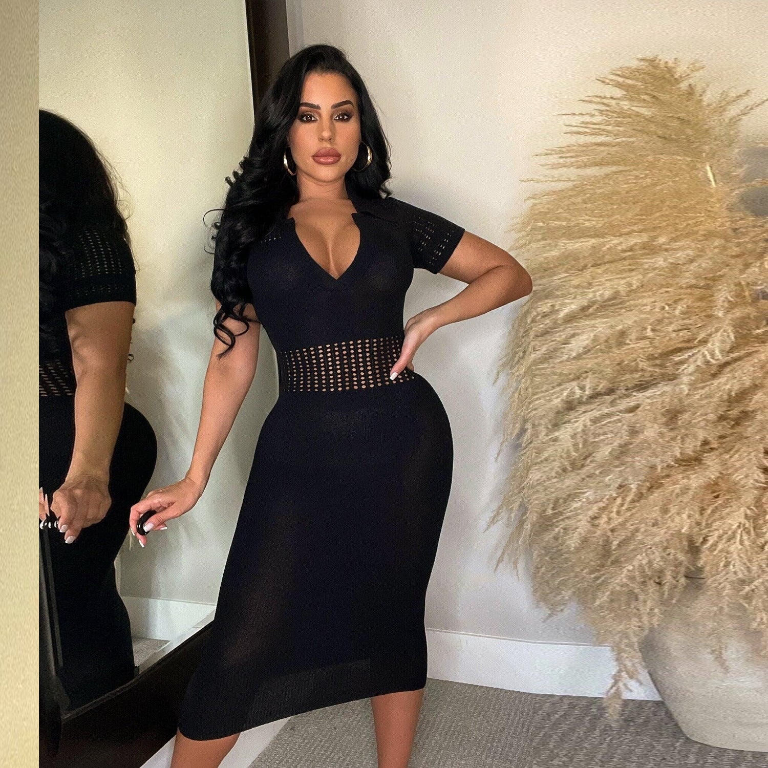 Women Sexy Ripped Turndown Collar Sweater Dress 9