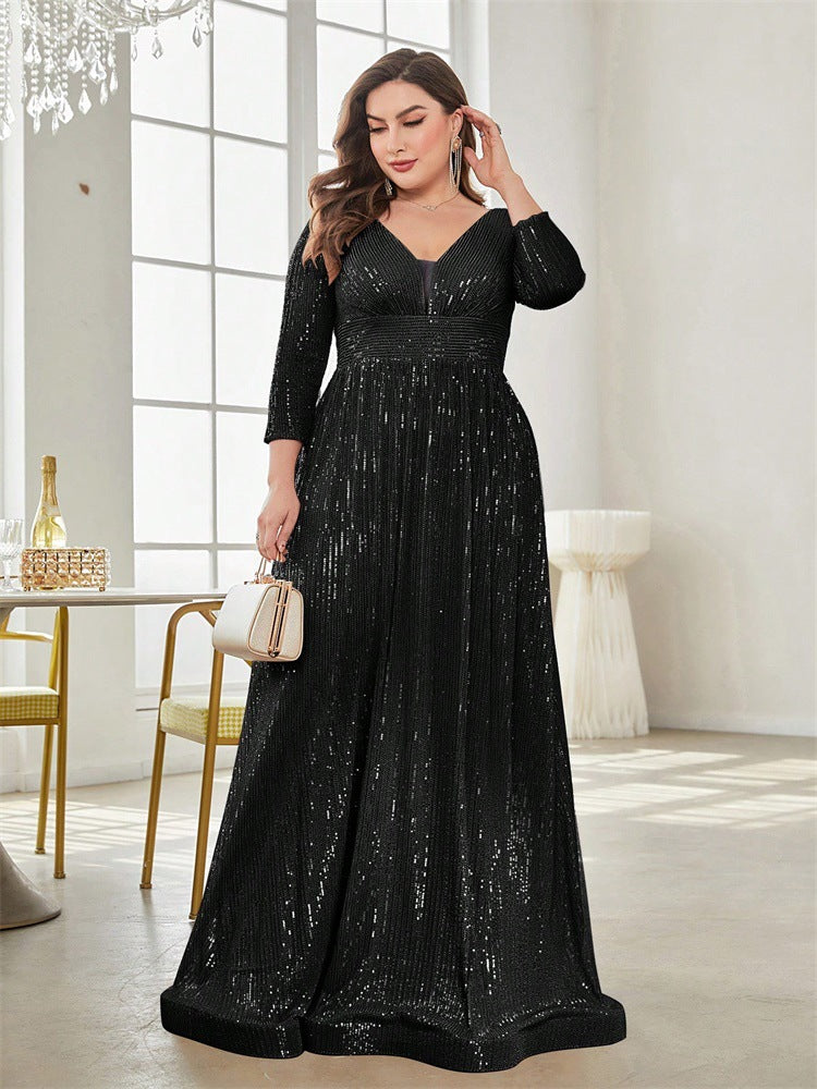 Women Plus Size Sequined Long-Sleeved V-Neck Formal Party Elegant Maxi Dress 12