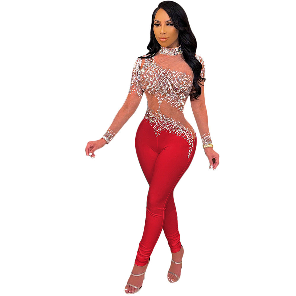 Women Sexy Mesh See-Through Beaded Long Sleeve Jumpsuit 32