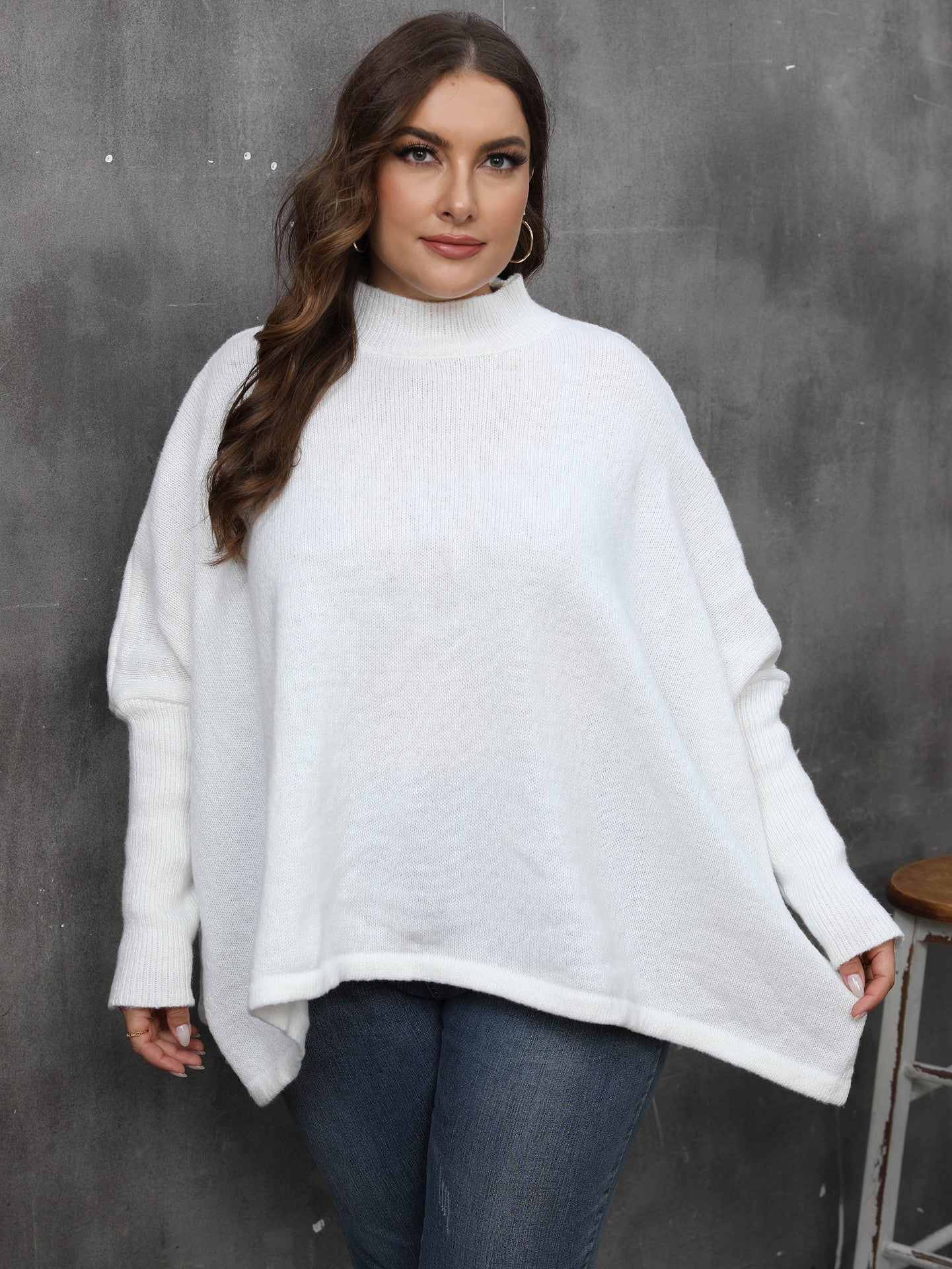 Women's Pullover Top Plus Size Women's Slit Bat Sleeves Turtleneck Loose Sweater 7