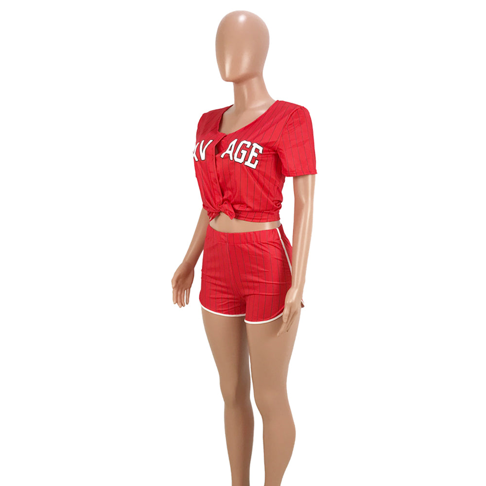 Women Sexy Women Striped Letter Baseball Top and Skirt Two-piece Set 22