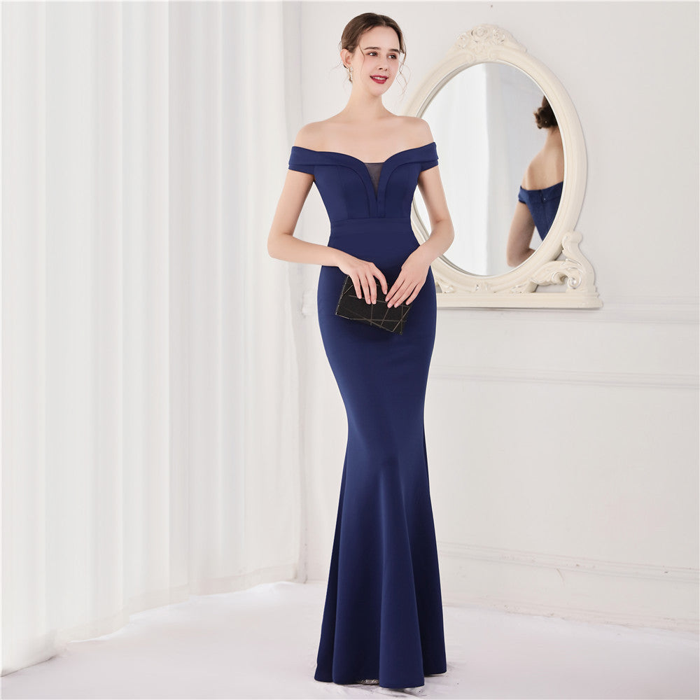 Summer Elegant Plain Off Shoulder Short Sleeve Evening Dress 5