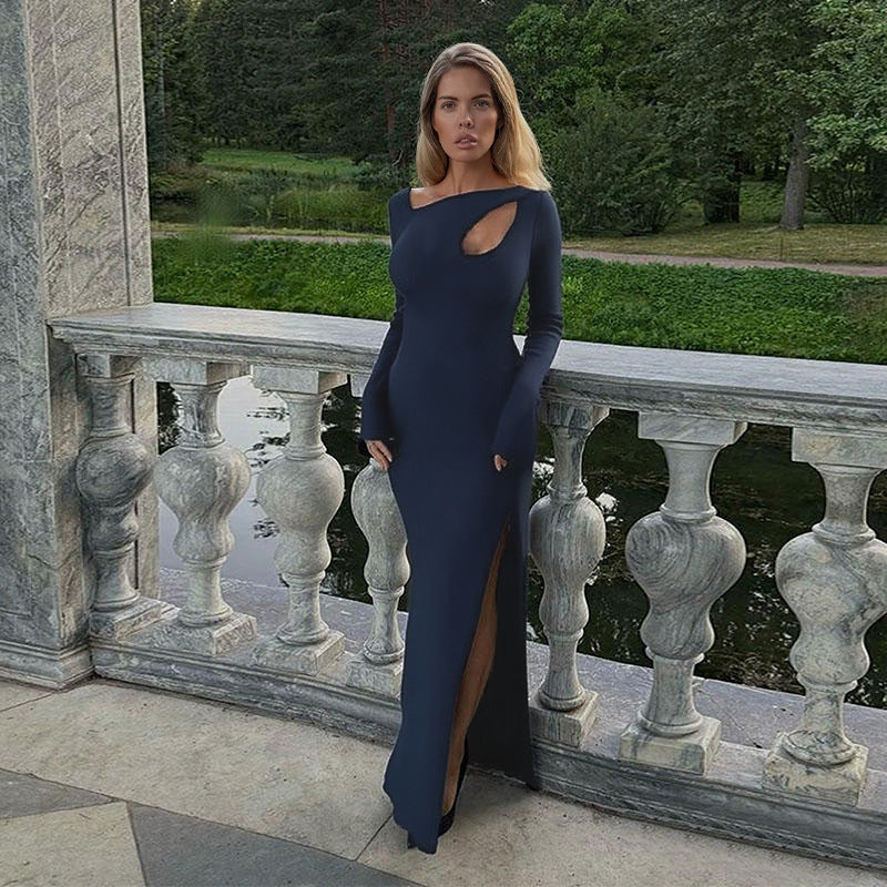 Autumn Winter Sexy Hollow-Out Design Slit Chic Long Dress 3