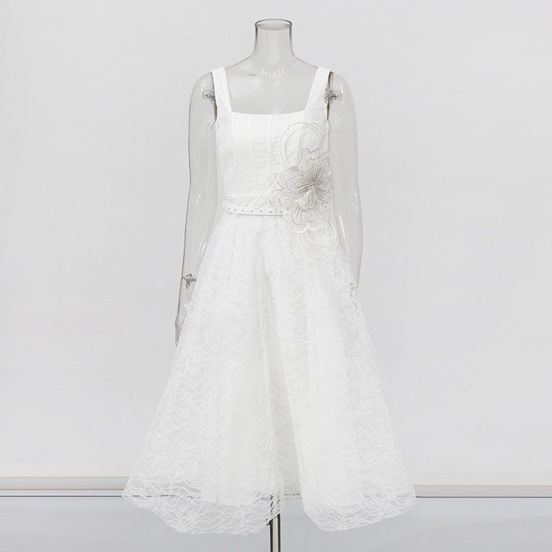 Women French Retro Summer Suspender Maxi Fishbone Lace Dress 5