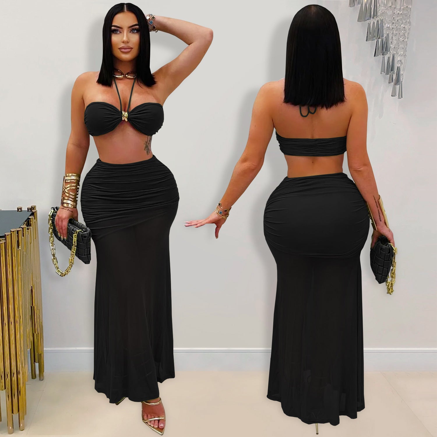 Sexy Strapless Ruched Mesh Mermaid Long Skirt Set 6