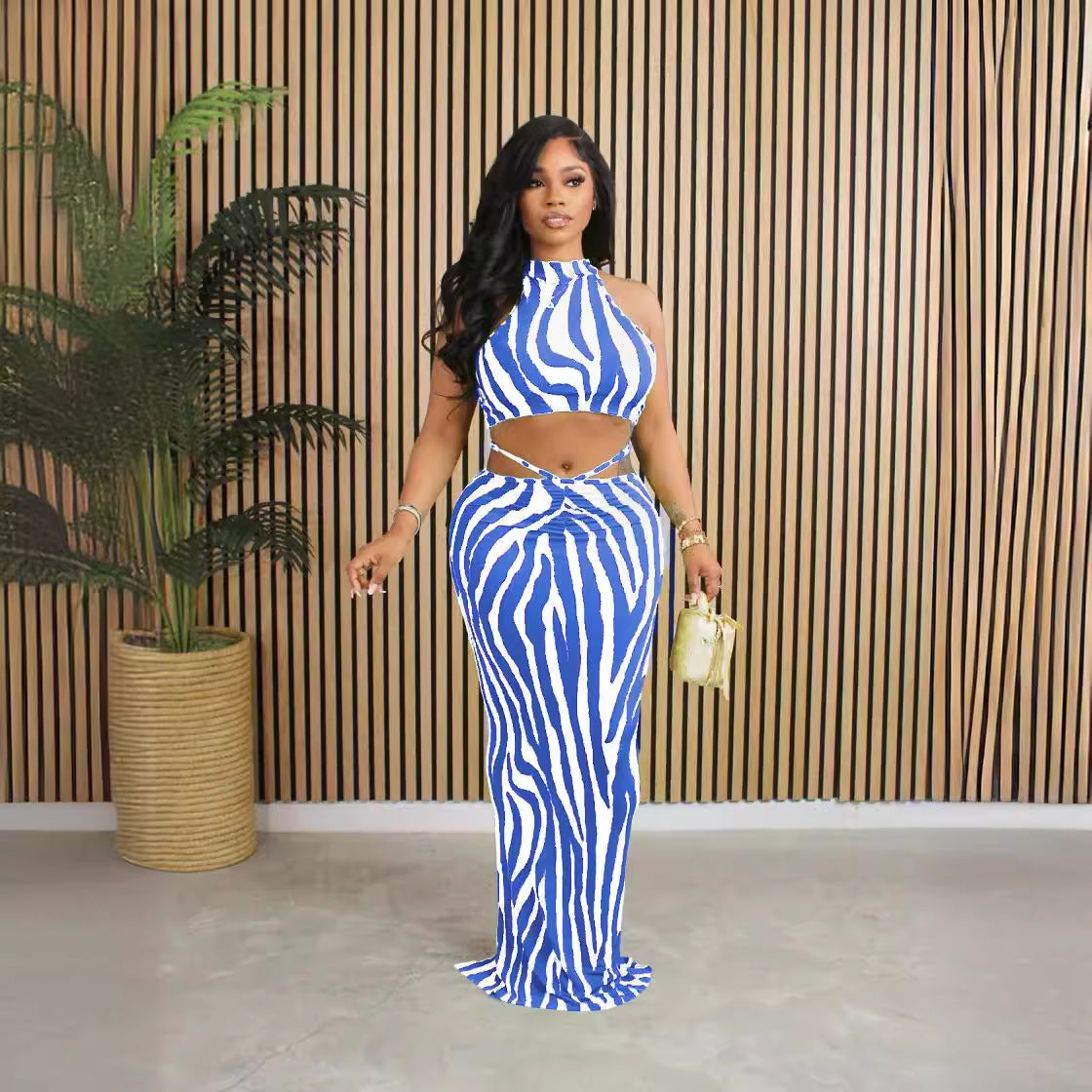 Women Striped Crop Top and Long Skirt Two Piece Set 5