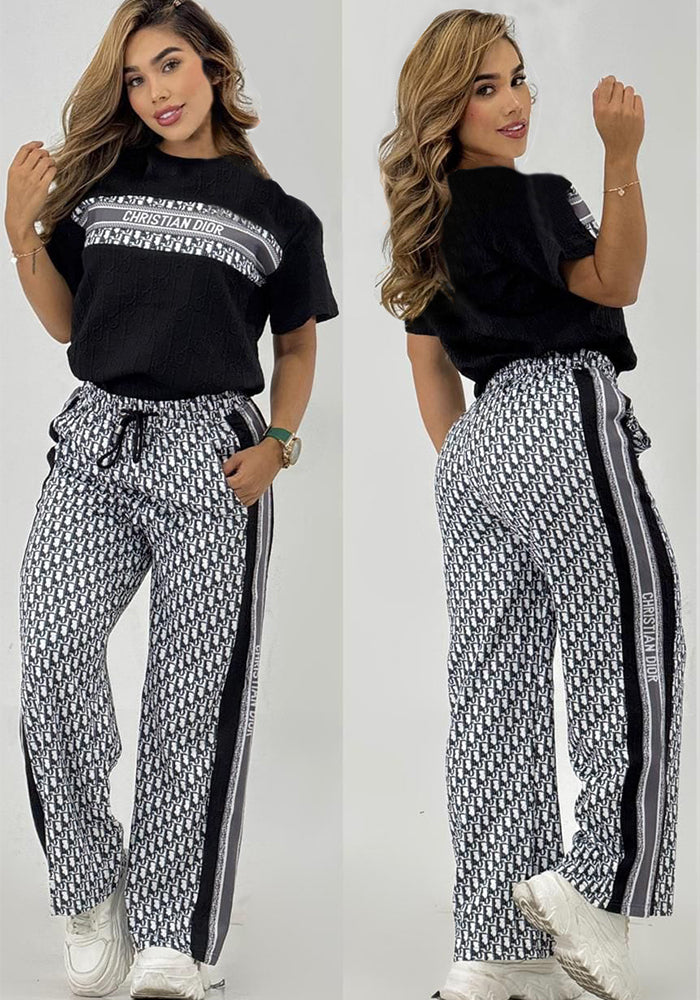Women  Summer Casual Jacquard Short Sleeve T-shirt And Lace Jacquard Wide Leg Pants Two Piece Set