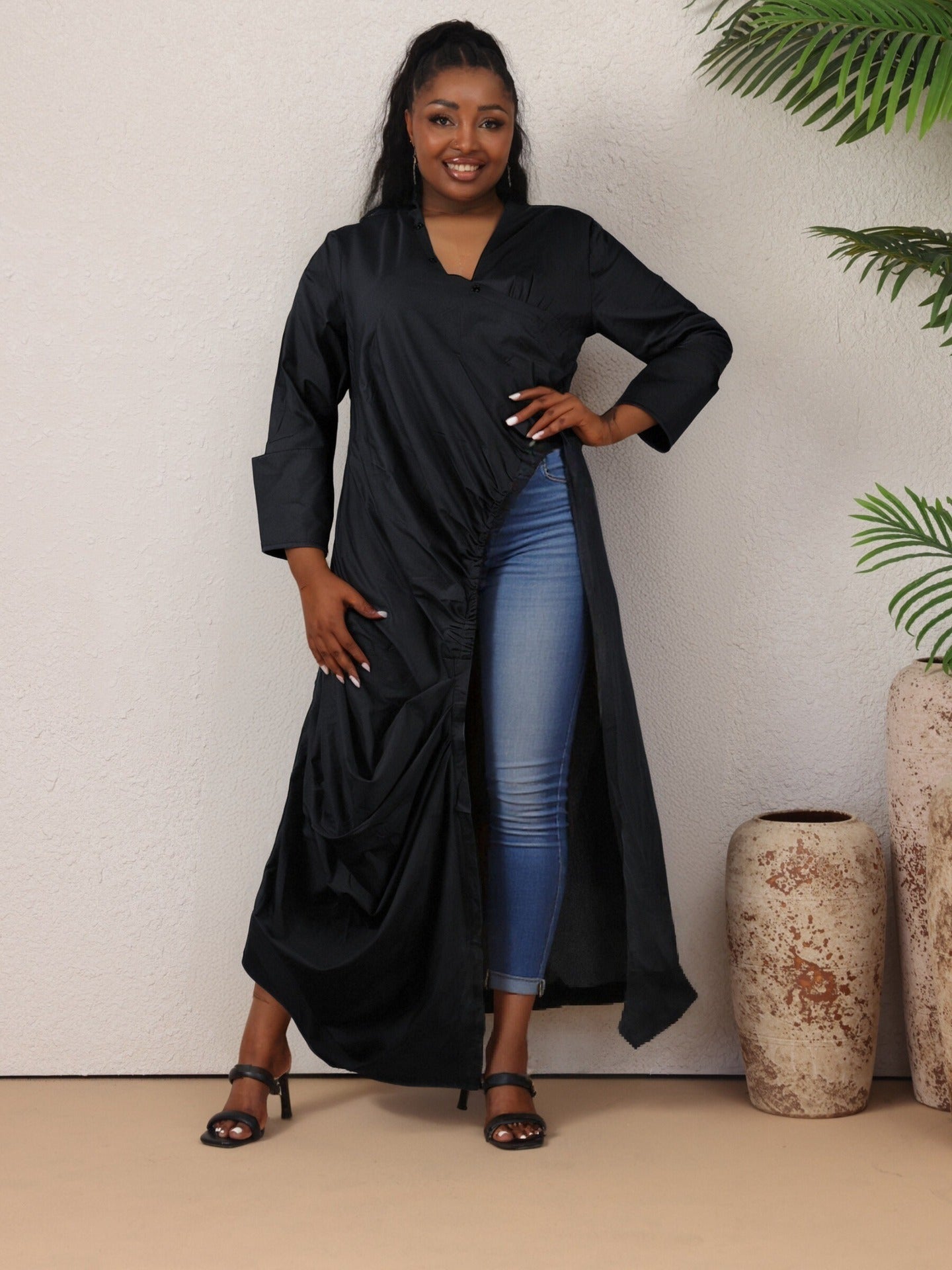 Women sexy V Neck long sleeve pleated Casual dress 10