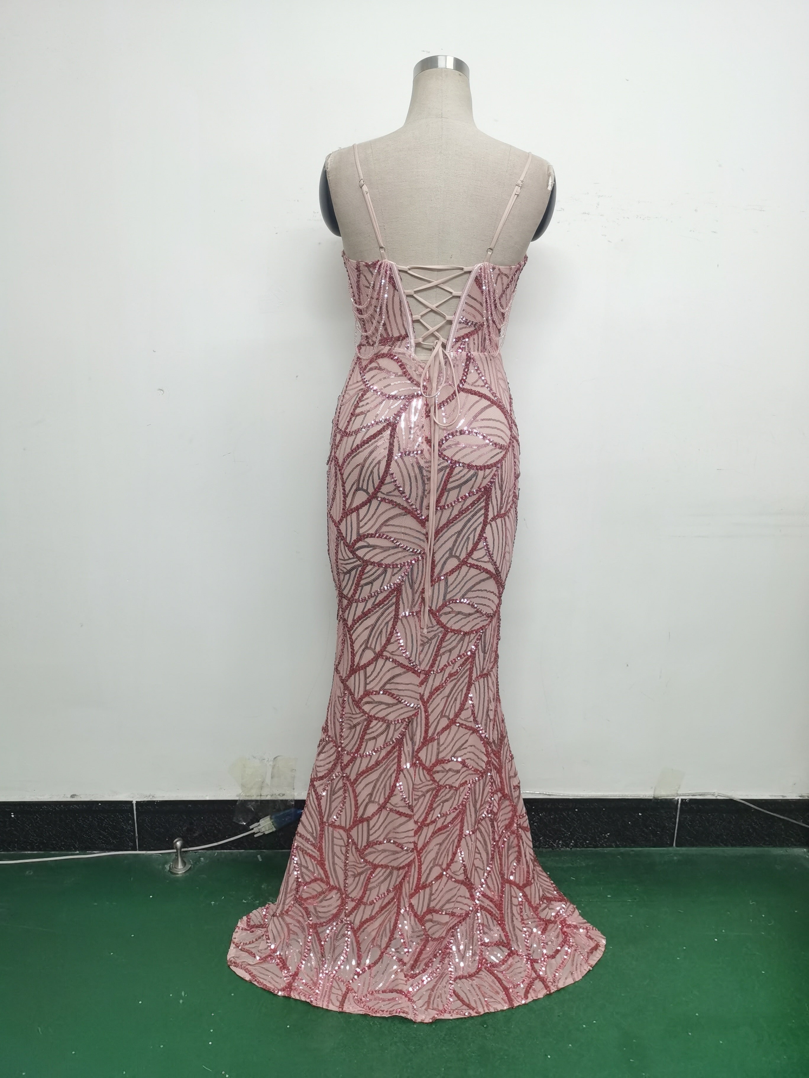 Women beaded cross Lace-Up hollow Patchwork Formal Party evening dress 43