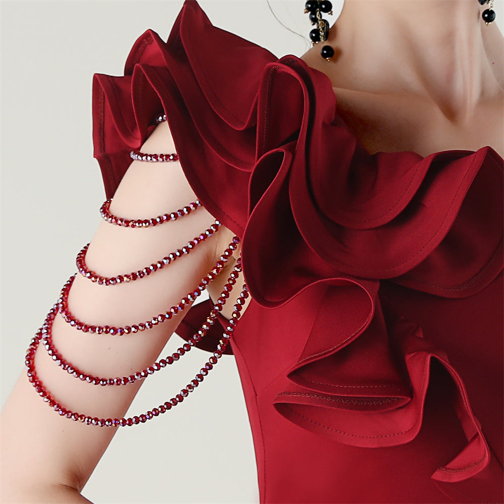 Women One-Shoulder Beaded Wool and Floral Satin Slit Sexy Evening Dress 79