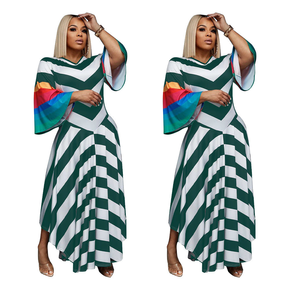 Women's Fashion V Neck Bell Bottom Sleeves Contrast Color Maxi Dress Slim Waist Dress 21