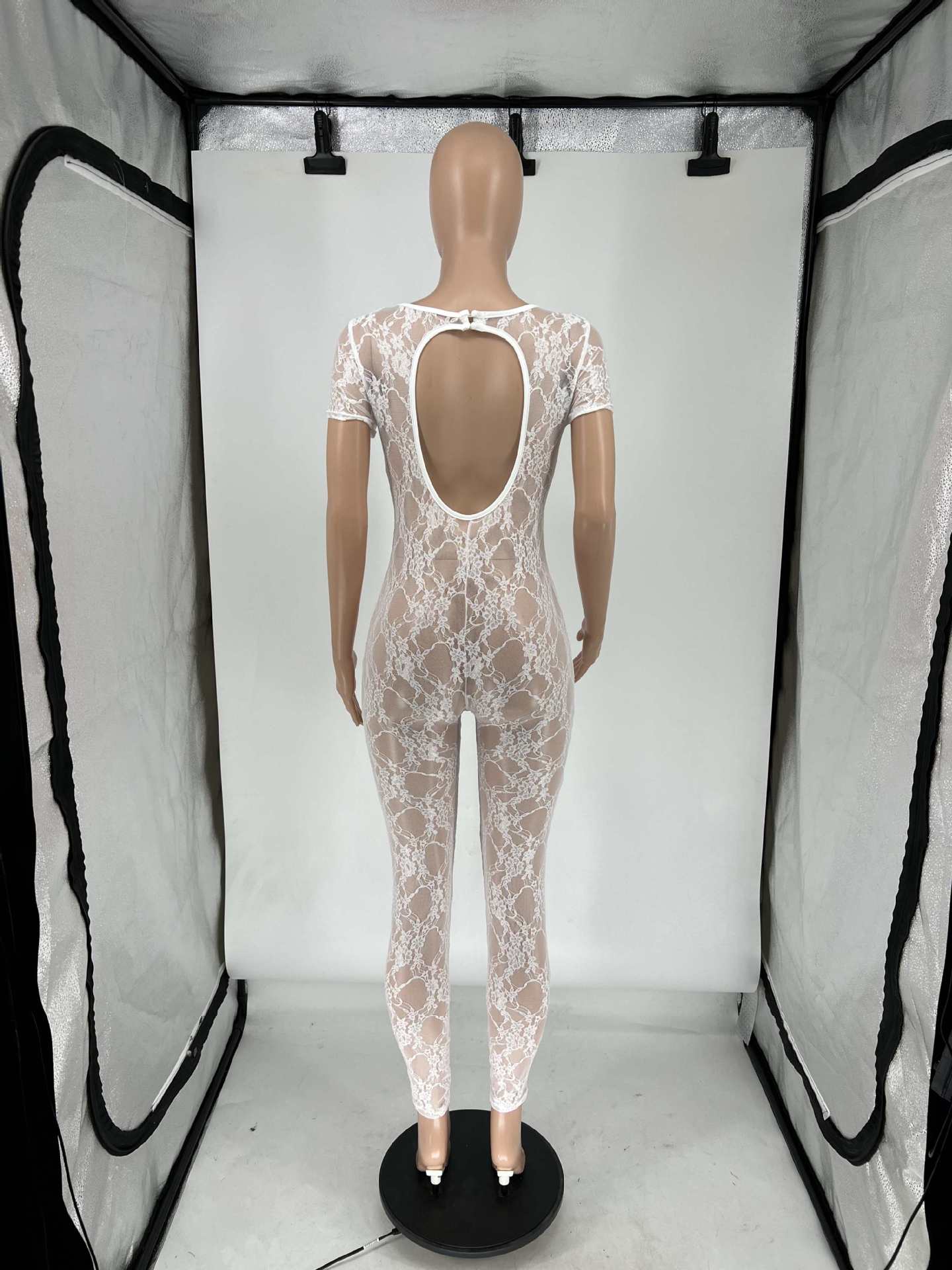 Women's Summer Lace Short Sleeve Low Back Sexy Nightclub Jumpsuit 13
