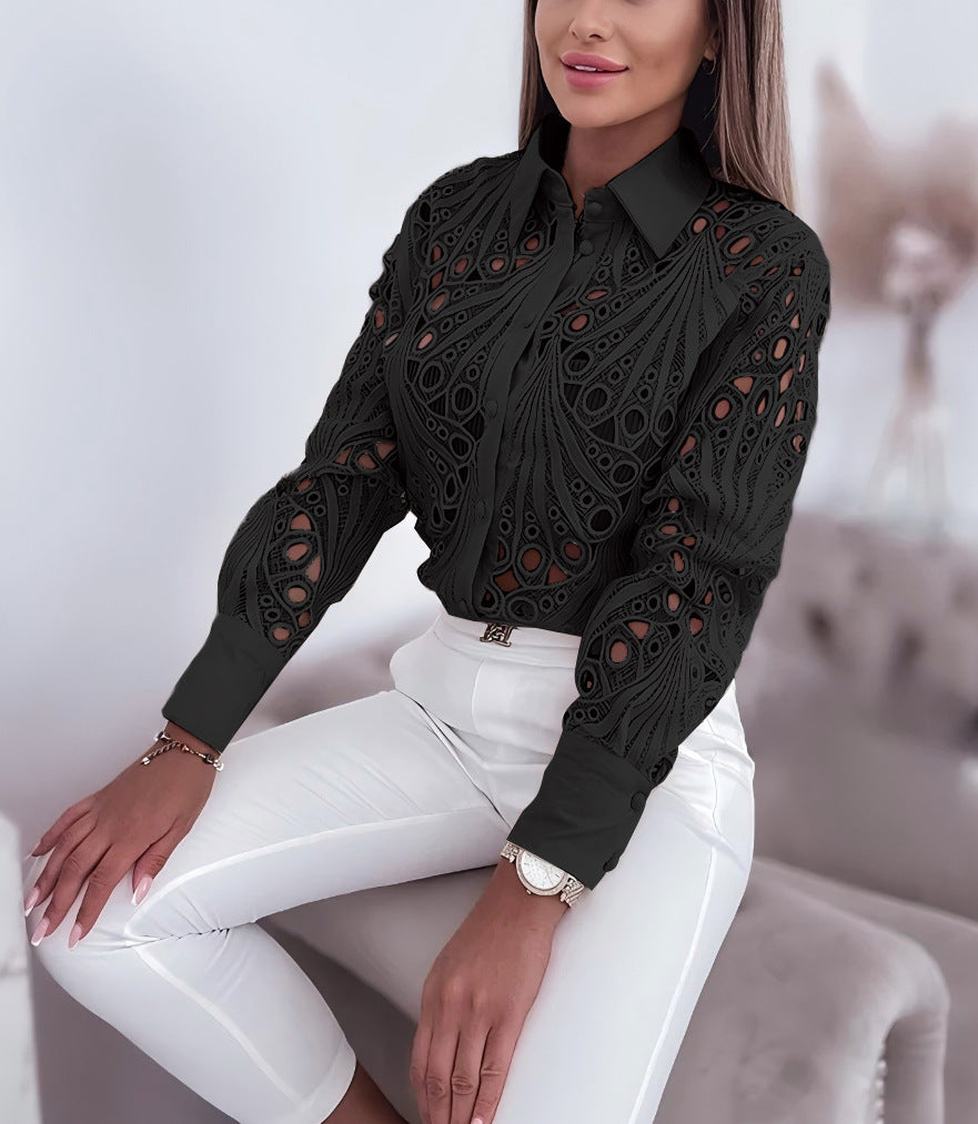 Spring Autumn Career Women Fashion Lace Hollow Long-Sleeved Shirt 3