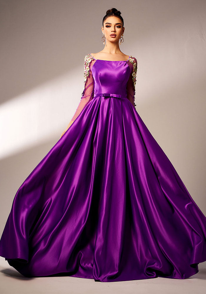 Women long-sleeved square neck Formal Party applique evening dress