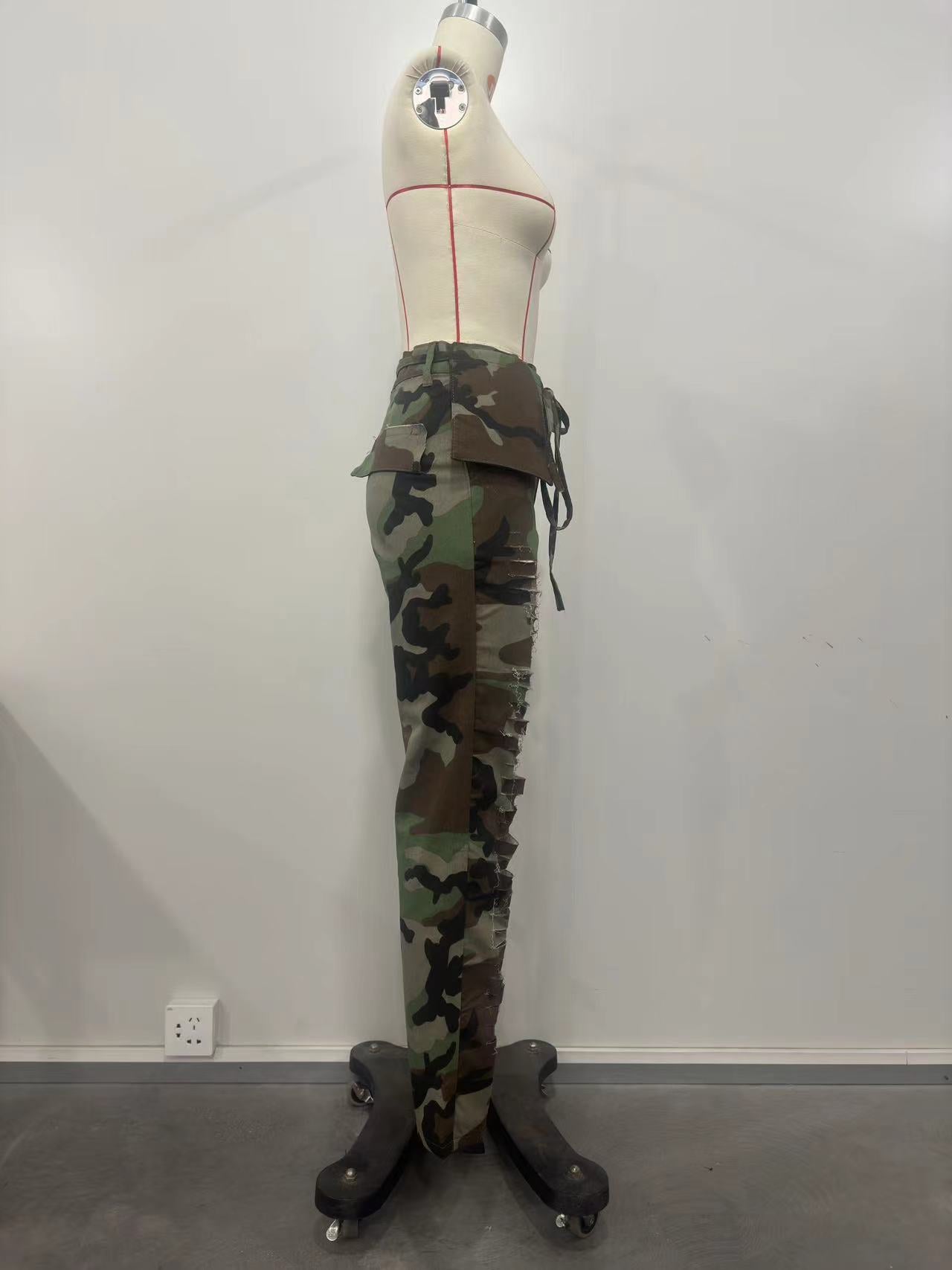 Spring Summer Women's Ripped Hollow Camouflage Long Pants 7